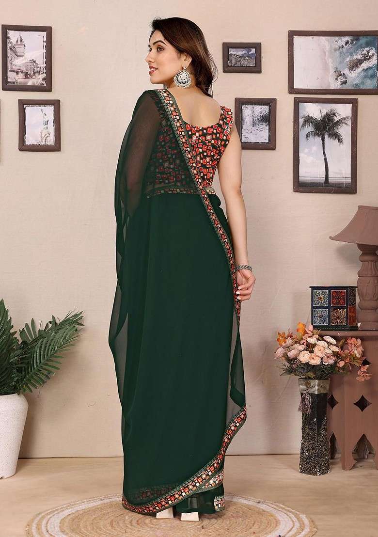 Teal Embroidered Blended Saree Set - Indya