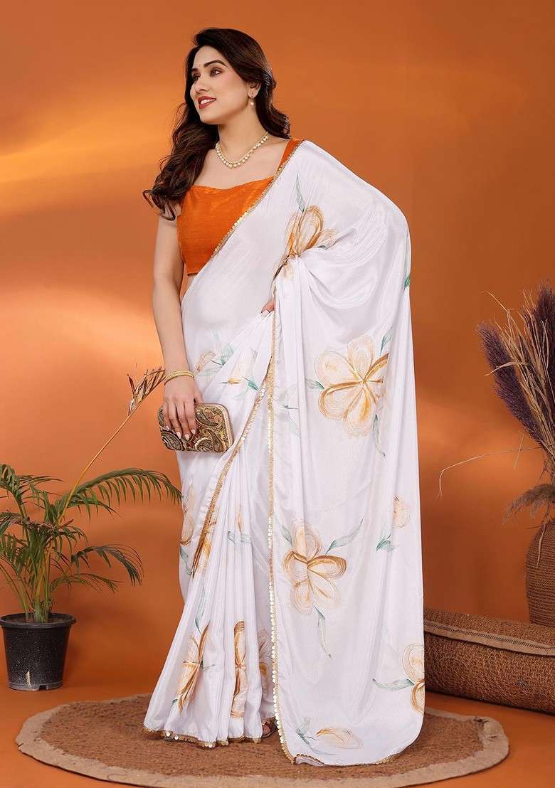 Orange Printed Blended Saree Set - Indya