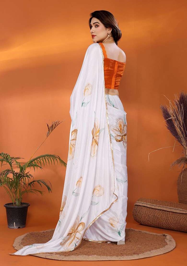 Orange Printed Blended Saree Set - Indya