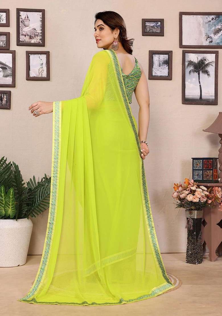 Lime Green Solid Blended Saree Set - Indya