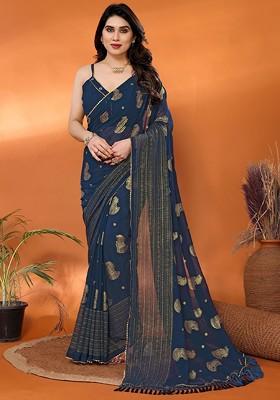 Teal Printed Blended Saree Set