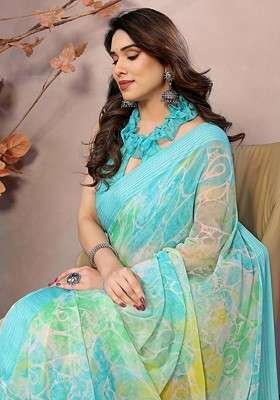Teal Embroidered Blended Saree Set