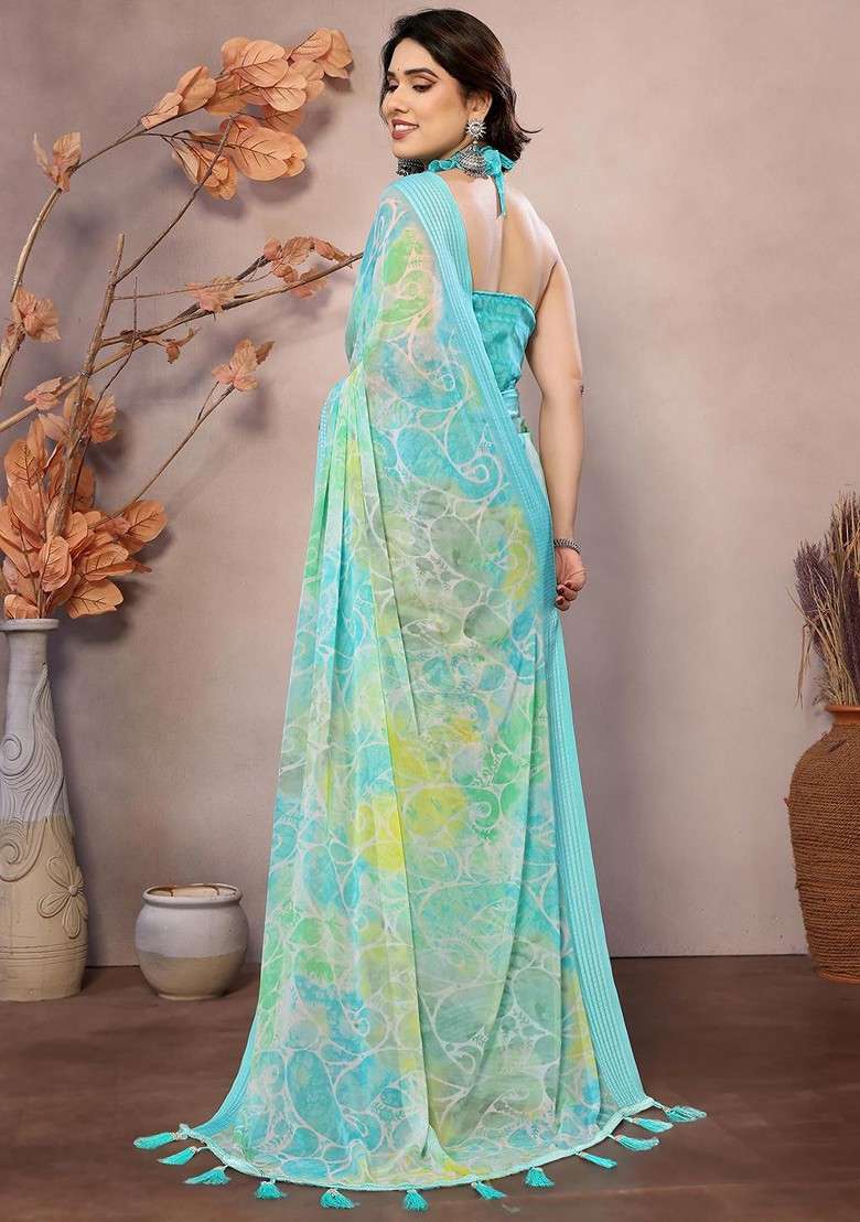 Teal Embroidered Blended Saree Set - Indya