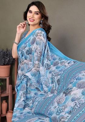 Turquoise Blue Embroidered Blended Saree Set