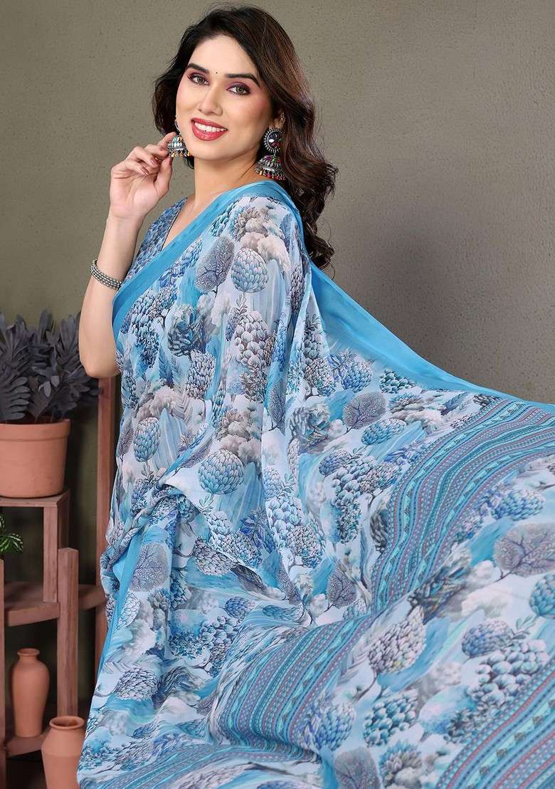 Turquoise Blue Embroidered Blended Saree Set - Indya