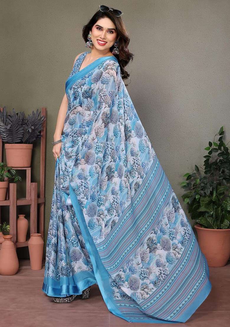 Turquoise Blue Embroidered Blended Saree Set - Indya