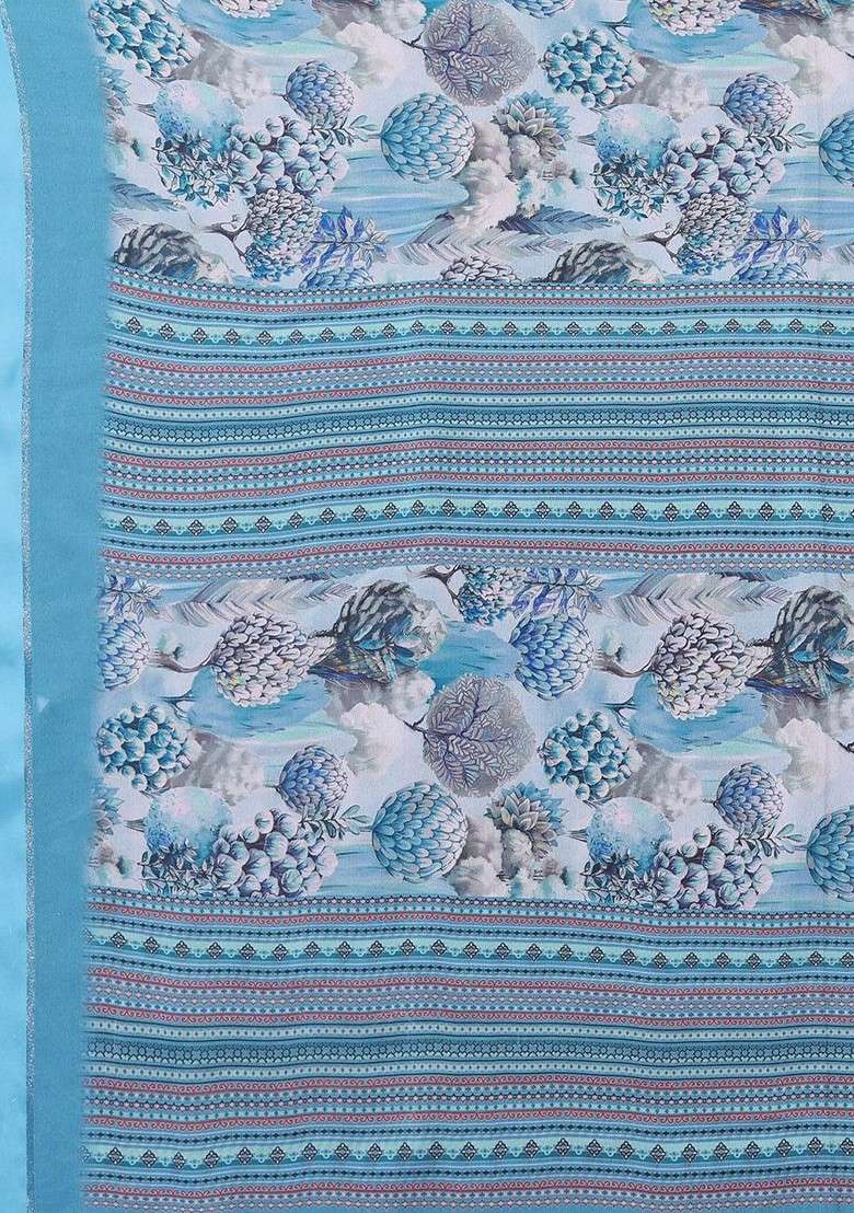 Turquoise Blue Embroidered Blended Saree Set - Indya