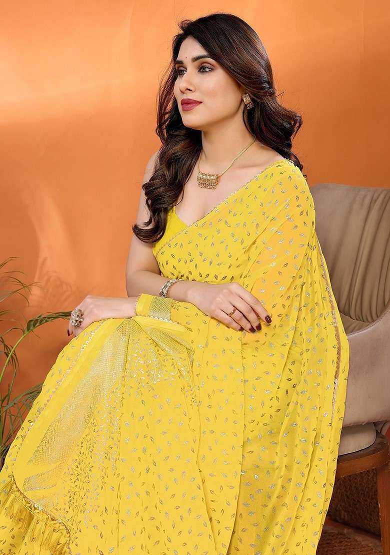Yellow Printed Blended Saree Set - Indya