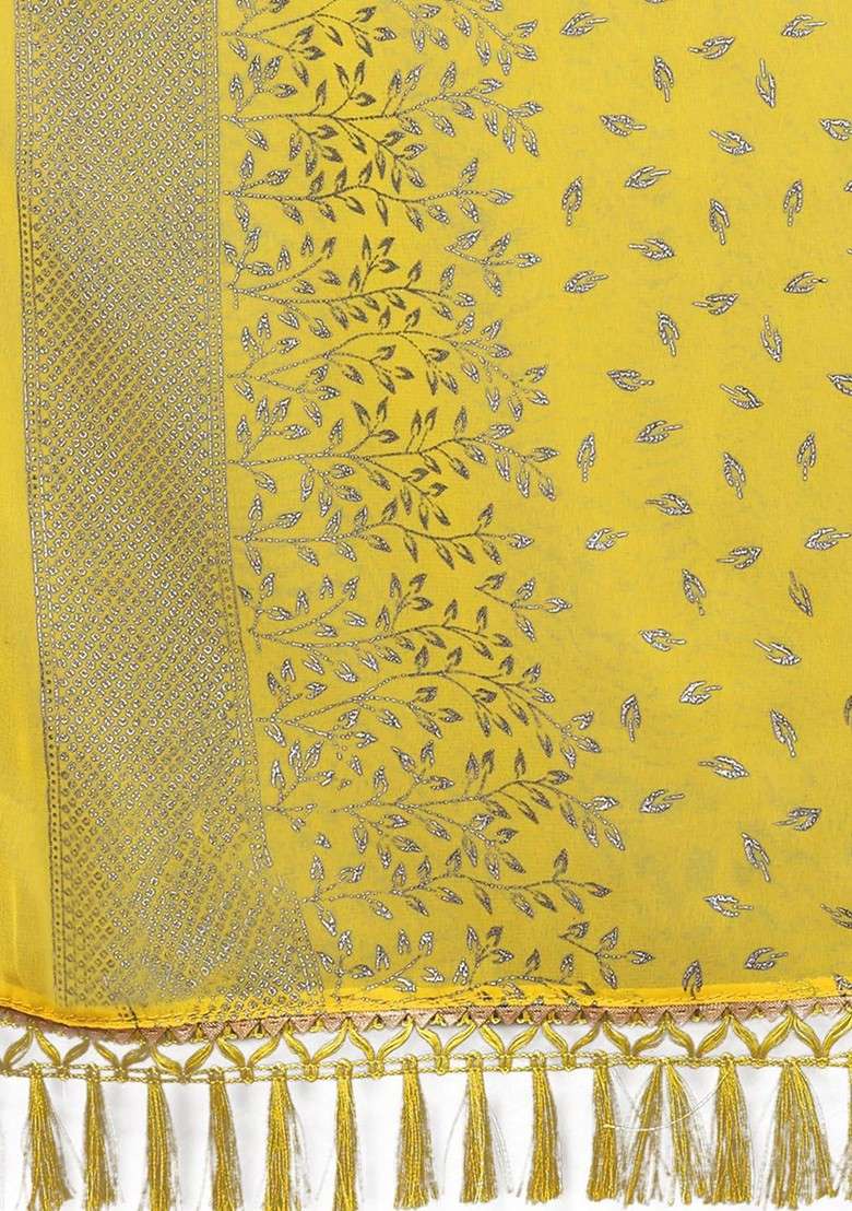 Yellow Printed Blended Saree Set - Indya