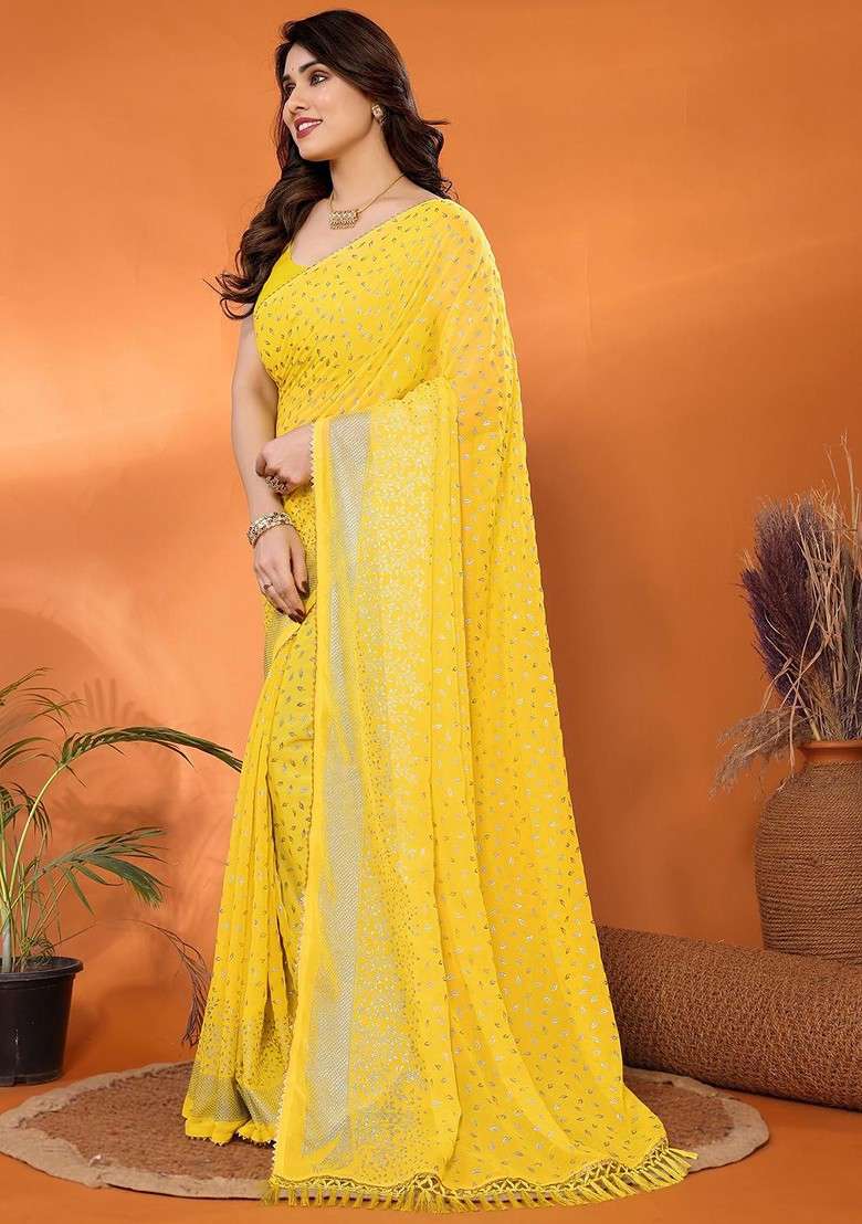 Yellow Printed Blended Saree Set - Indya