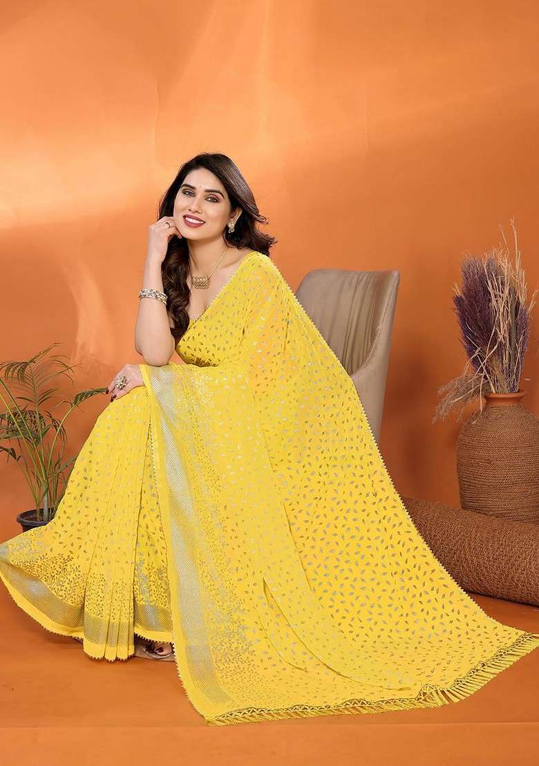 Yellow Printed Blended Saree Set - Indya
