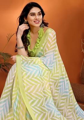 Lime Green Printed Blended Saree Set