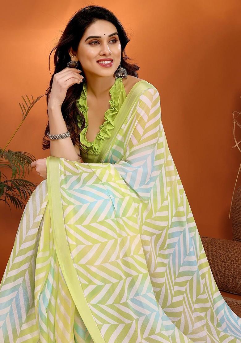 Lime Green Printed Blended Saree Set - Indya
