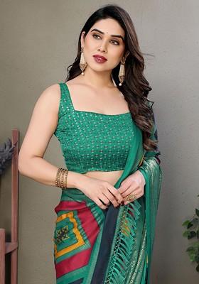 Turquoise Blue Embroidered Blended Saree Set