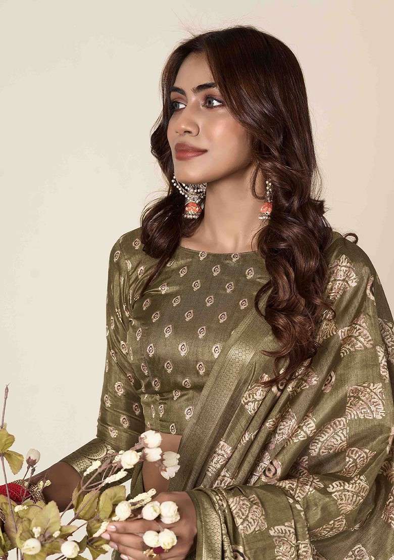 Olive Blended Saree Set with Embroidered for Diwali | Wedding & Festive Wear - Indya
