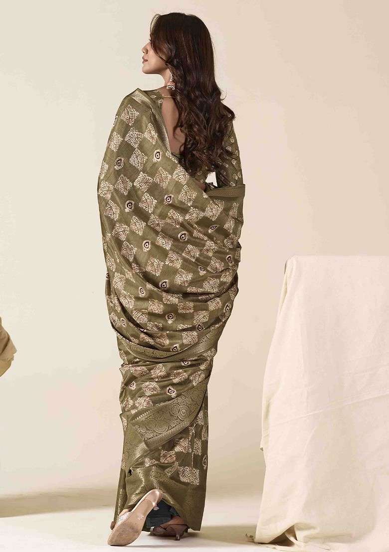 Olive Blended Saree Set with Embroidered for Diwali | Wedding & Festive Wear - Indya