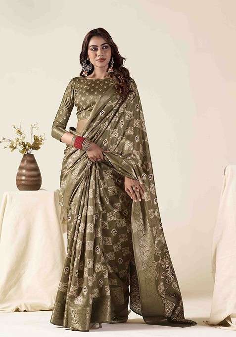Olive Blended Saree Set with Embroidered for Diwali | Wedding & Festive Wear