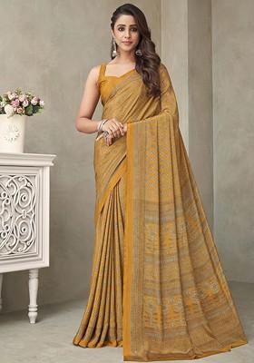 Mustard Embroidered Blended Saree Set