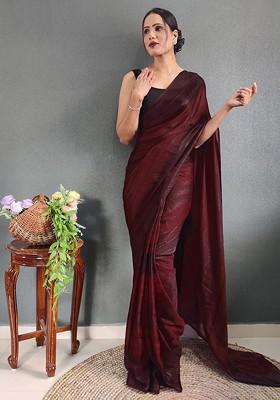 Brown Embroidered Blended Saree Set