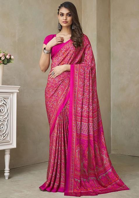 Pink Embroidered Blended Saree Set