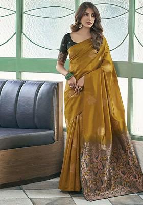 Mustard Embroidered Blended Saree Set