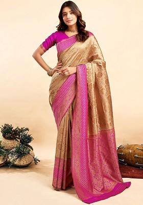 Brown Printed Blended Saree Set