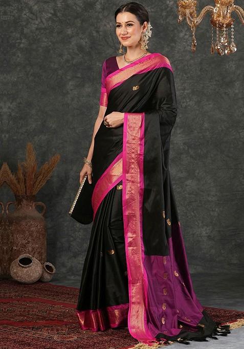 Black Embroidered Blended Saree Set