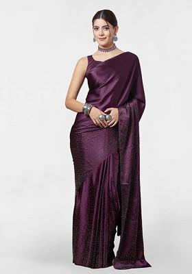 Purple Embellished Blended Saree Set