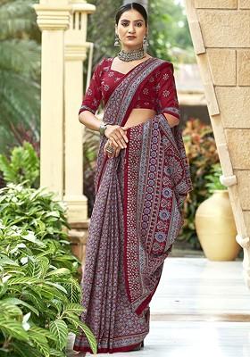 Maroon Printed Blended Saree Set