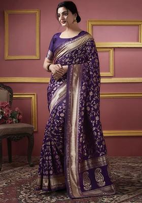 Purple Jacquard Blended Saree Set