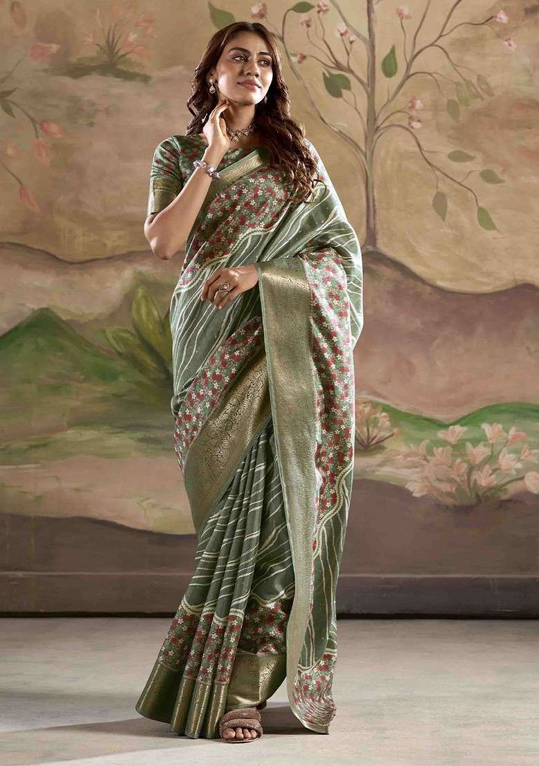 Olive Printed Blended Saree Set for Diwali and Festive Wear - Indya