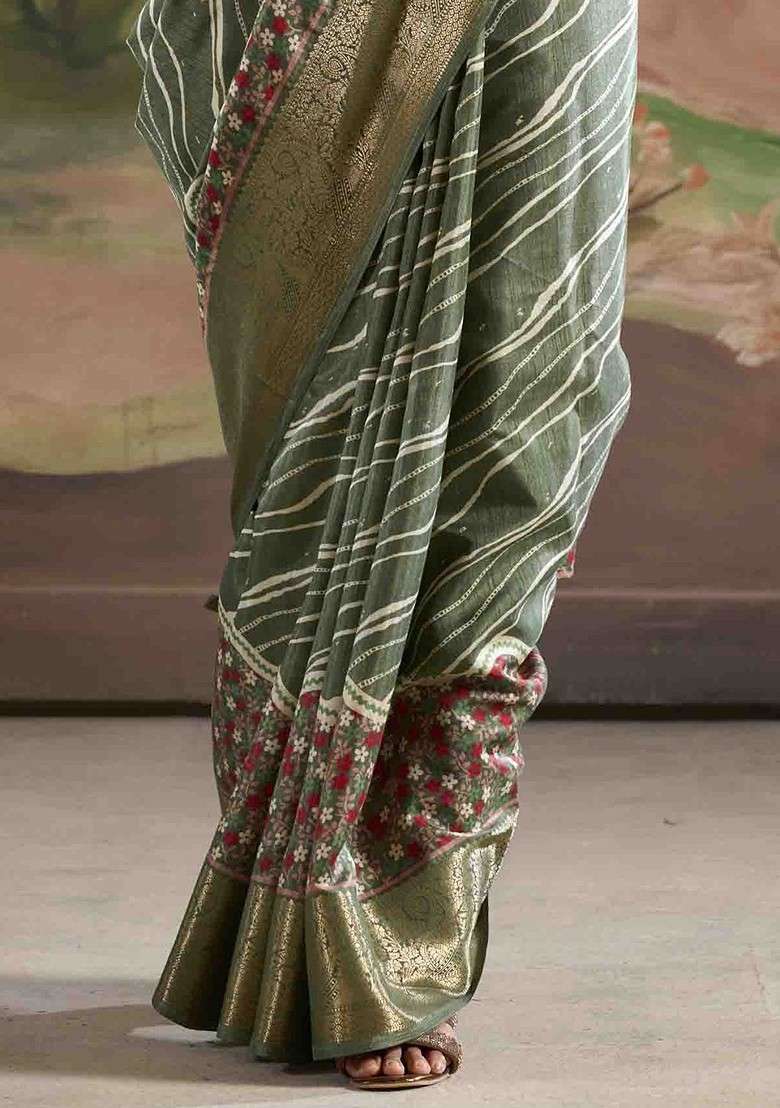 Olive Printed Blended Saree Set for Diwali and Festive Wear - Indya