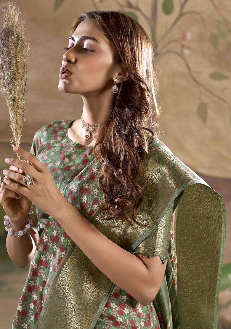 Olive Printed Blended Saree Set for Diwali and Festive Wear - Indya