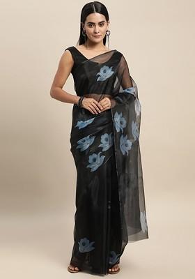 Navy Blue Printed Blended Saree Set