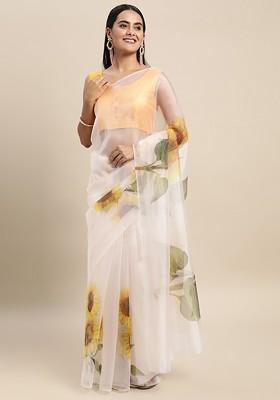 Cream Printed Blended Saree Set
