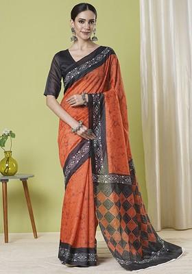 Orange Printed Blended Saree Set