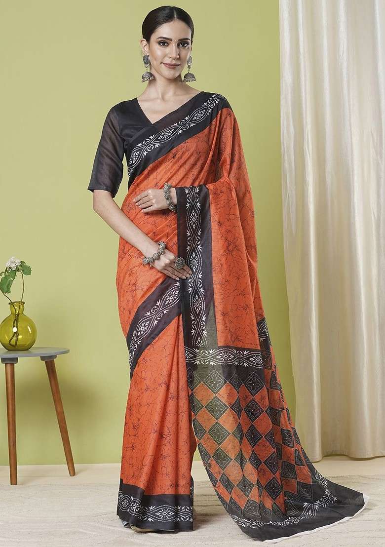 Orange Printed Blended Saree Set - Indya