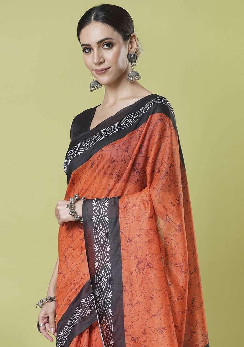 Orange Printed Blended Saree Set - Indya