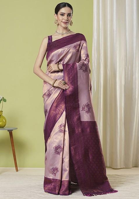 Pink Embroidered Blended Saree Set