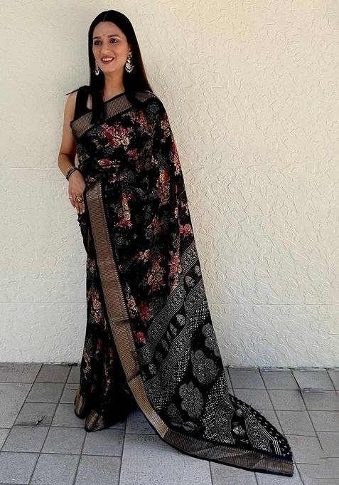 Black Printed Blended Saree Set