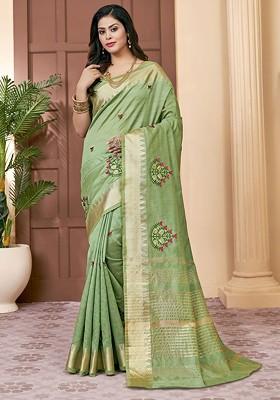 Green Jacquard Blended Saree Set