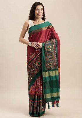 Red Printed Blended Saree Set