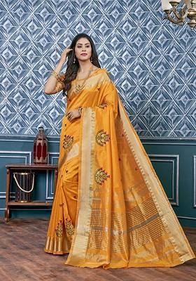 Yellow Printed Blended Saree Set
