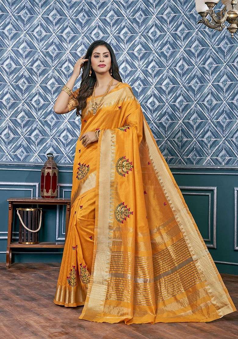 Yellow Blended Saree Set with Printed for Diwali | Wedding & Festive Wear - Indya