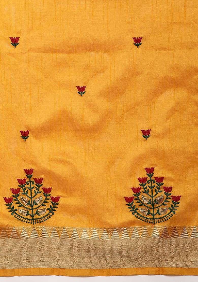 Yellow Blended Saree Set with Printed for Diwali | Wedding & Festive Wear - Indya