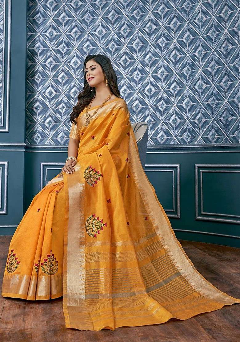 Yellow Blended Saree Set with Printed for Diwali | Wedding & Festive Wear - Indya