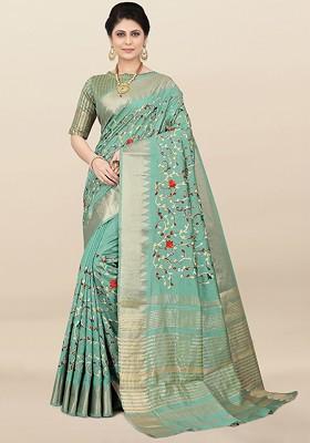 Turquoise Blue Embroidered Blended Saree Set