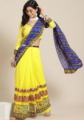 Blue Embellished Blended Saree Set