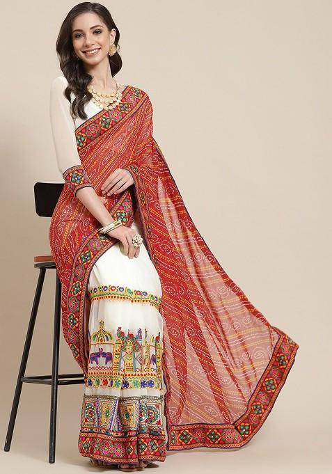 Red Printed Blended Saree Set — view on Indya