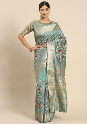 Turquoise Blue Printed Blended Saree Set